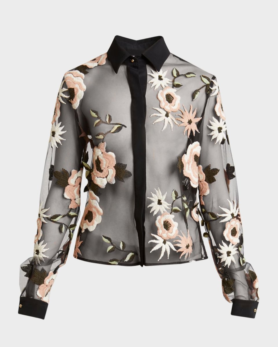 Floral Embroidered Tulle Button-Down Shirt